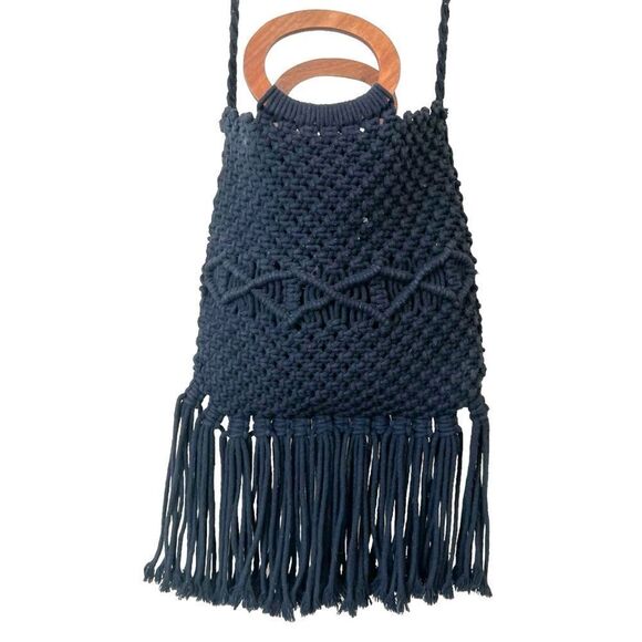 Danielle Nicole Macrame Handbag Black Fringe - Picture 13 of 15